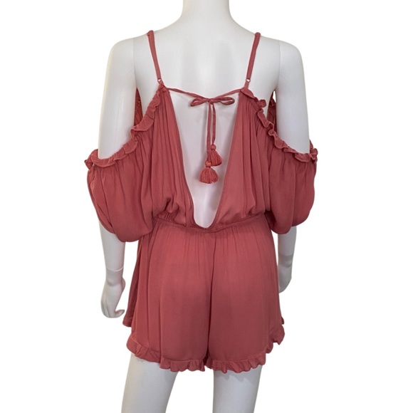 NWOT Topshop Rust Pink Coral Ruffle Hem Tie Back Cold Shoulder Slouchy Sleeve - Picture 8 of 12